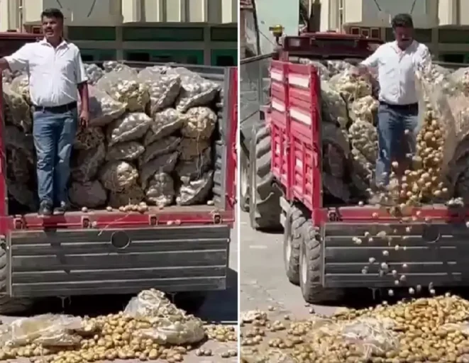Çiftçi bir traktör patatesi köy meydanına döktü, bakanlık soruşturma başlattı