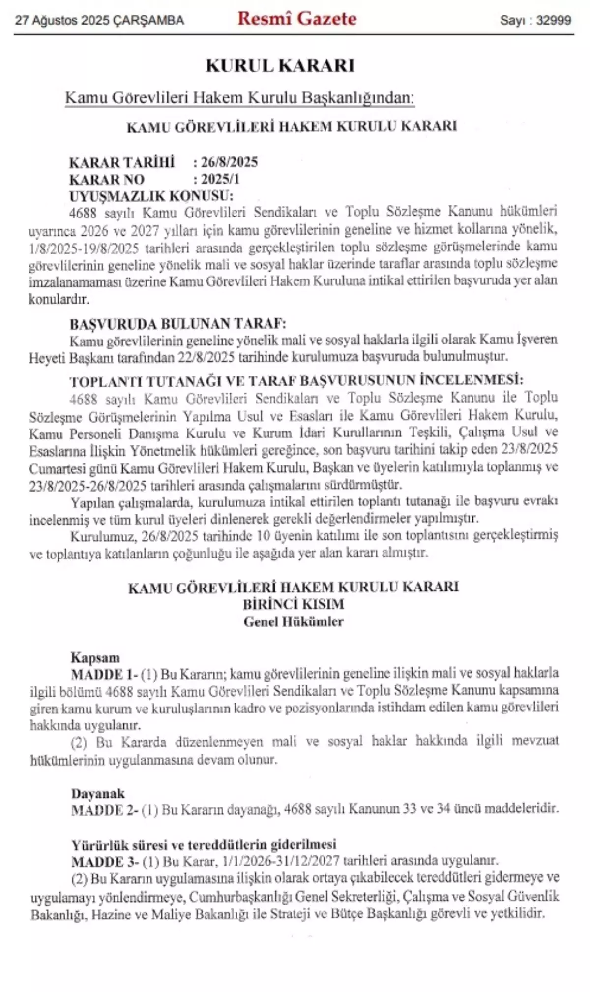 Kamu Görevlileri Hakem Kurulu'ndan Memur ve Emeklilere Zam Kararı