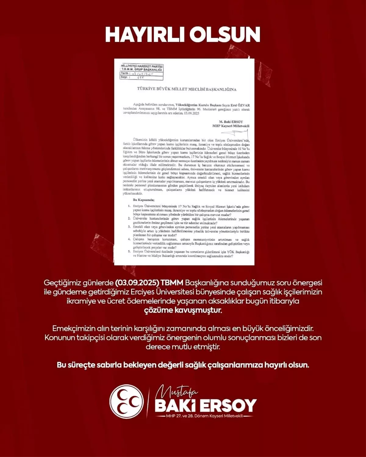 MHP'li Vekil Ersoy, Erciyes Üniversitesi Sağlık Personelinin Ücret Sorunlarını Çözüme Kavuşturdu