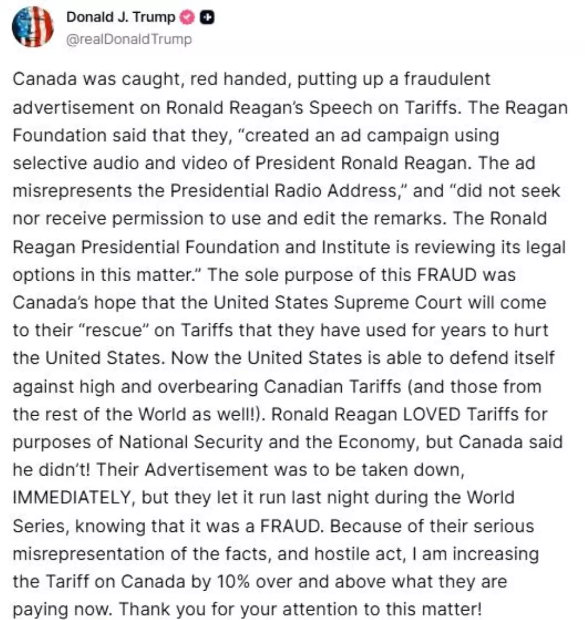 Trump'tan Kanada'ya Yüzde 10 Gümrük Vergisi Artışı