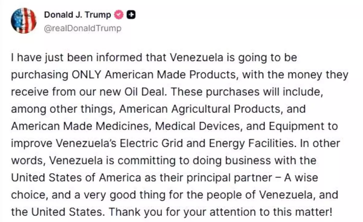 ABD Başkan Trump: "Venezuela, petrol anlaşmasından elde edeceği gelirle yalnızca ABD yapımı ürünleri satın alacak"