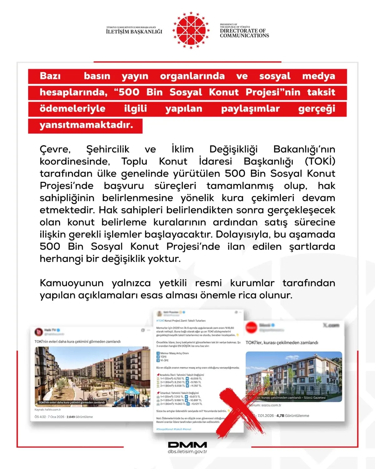 DMM: Sosyal Konut Projesi'nin taksit ödemeleriyle ilgili paylaşımlar gerçeği yansıtmamaktadır