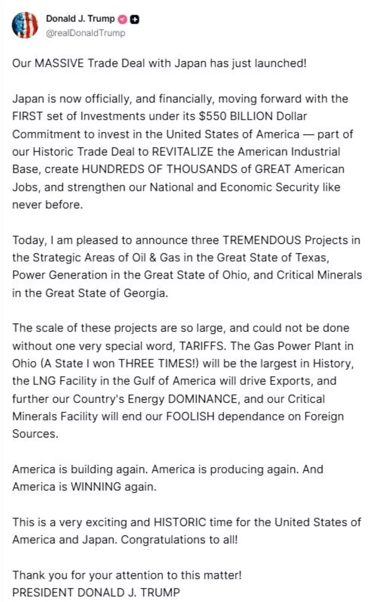 Trump, Japonya'nın 550 milyar dolarlık yatırım taahhüdü kapsamındaki ilk projeleri duyurdu