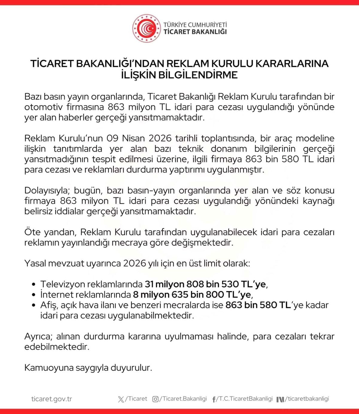 Ticaret Bakanlığı: "Bir otomotiv firmasına 863 milyon lira ceza uygulandığı haberleri gerçeği yansıtmamaktadır"