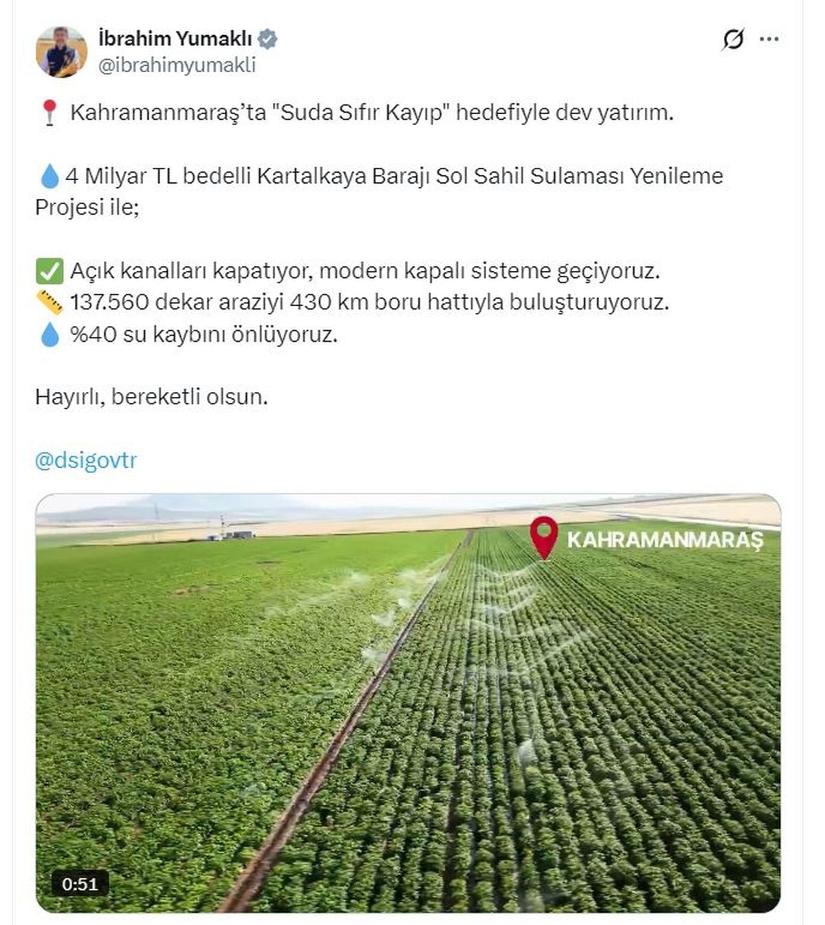 Kahramanmaraş'a 4 milyar liralık sulama yenileme projesi
